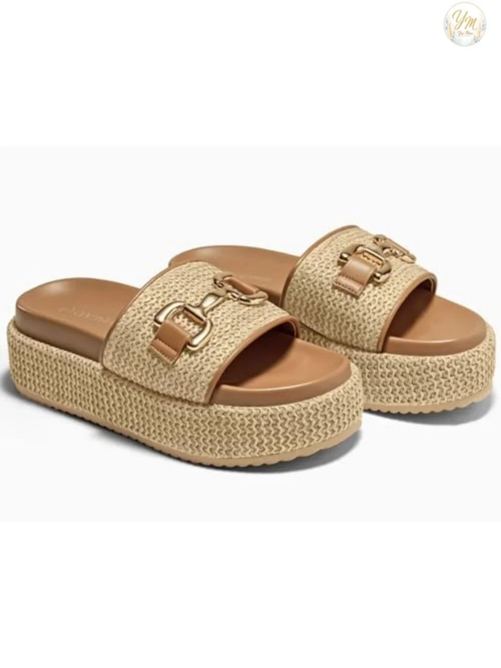 Raffia Platform Espadrille Slide Sandals with Metal Chain, Slip On Open Toe